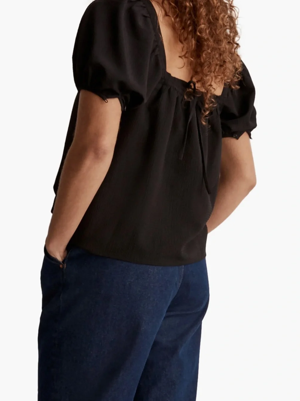 NEW Madewell Seersucker Black Square-Neck Bubble Sleeve Tie Back Top Size S NWOT